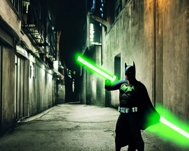 Prompt: a photograph of Batman holding a green lightsaber in a dark city alleyway at nighttime