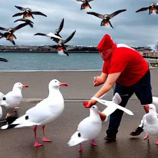 Image similar to mcdonald worker being attacked by seagulls