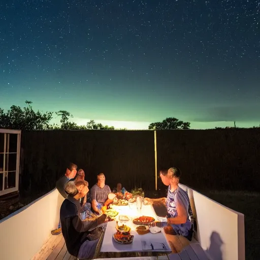 Prompt: family having dinner outside in the backyard, in the dark, low light the floor is made of glass, a 2 meter dividing wall in the back, a nuclear explosion in the horizon far away, glowing light from the explosion, a guy trying to see over the wall, night sky full of stars