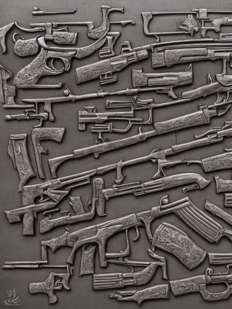 Prompt: relief sculpture carving in cast iron steel of machine guns shotguns rifles revolvers bullets, industrial dramatic dynamic lighting, hyperrealistic, ultrarealistic, intricate details, 4k