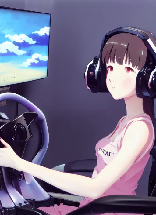 Prompt: portrait of cute girl driving on simracing simulator, personal room background, illustration concept art anime key visual trending pixiv fanbox by wlop and greg rutkowski and makoto shinkai and studio ghibli and kyoto animation, fanatec peripherals, playseat evolution, symmetrical facial features, small thrustmaster headphones, ferrari, thrustmaster ts pc racer