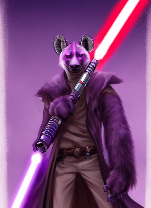 Image similar to beautiful portrait commission of a male furry anthro hyena fursona wearing jedi robes and wielding a purple lightsaber in a cyberpunk city at night in the rain. character design by charlie bowater, ross tran, artgerm, and makoto shinkai, detailed, inked, western comic book art