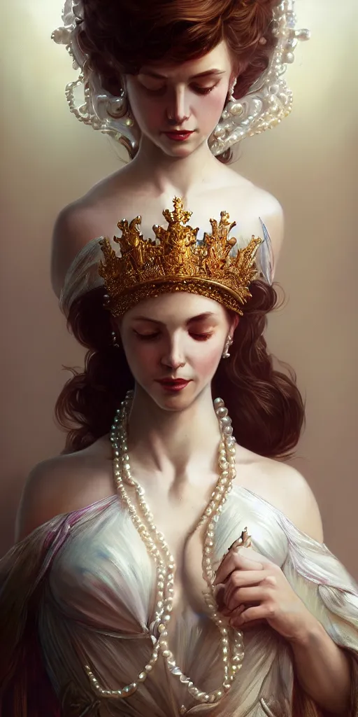 Prompt: a realistic liquid queen with a decorated dress made of white pearls , highly detailed, digital painting, Trending on artstation , HD quality, by artgerm and greg rutkowski and alphonse mucha, dramatic light, octane