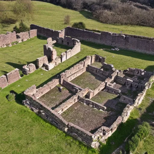 Prompt: a drone photo of a Roman Villa in Roman England 350 AD