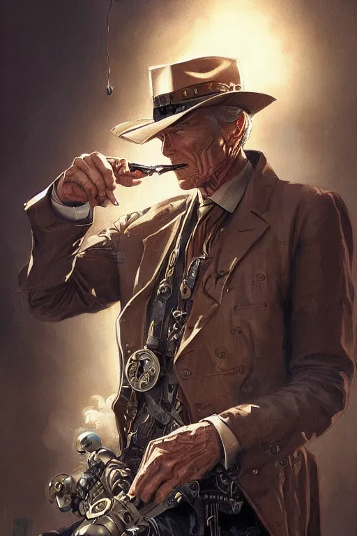 Prompt: clint eastwood steampunk cyborg smoking cigar, portrait, western, duster, fantasy, intricate, elegant, highly detailed, digital painting, artstation, concept art, sharp focus, illustration, art by artgerm and greg rutkowski and alphonse mucha