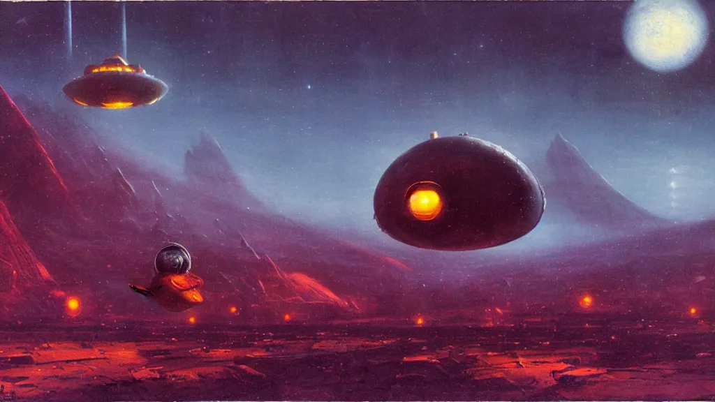 Image similar to eerie atmospheric alien planet with a small dropship pod landing by paul lehr and jack gaughan and john schoenherr, epic cinematic matte painting