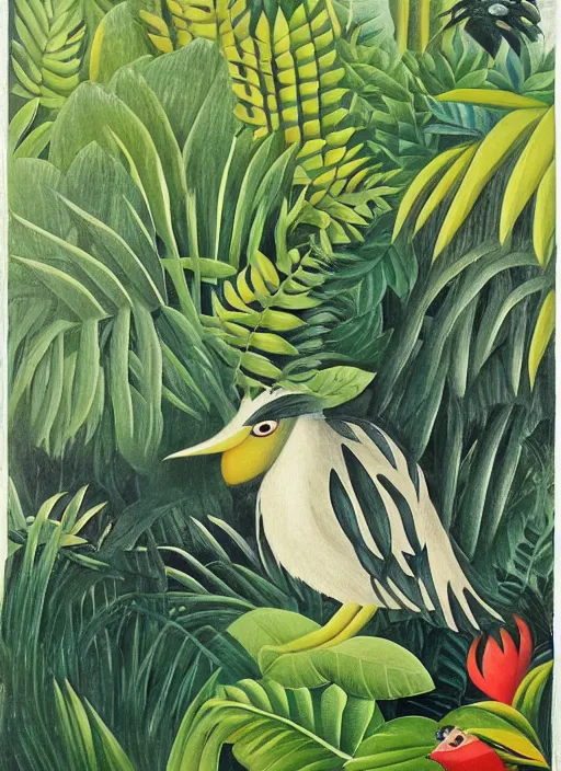 Image similar to rare bird in the jungle, style of henri rousseau