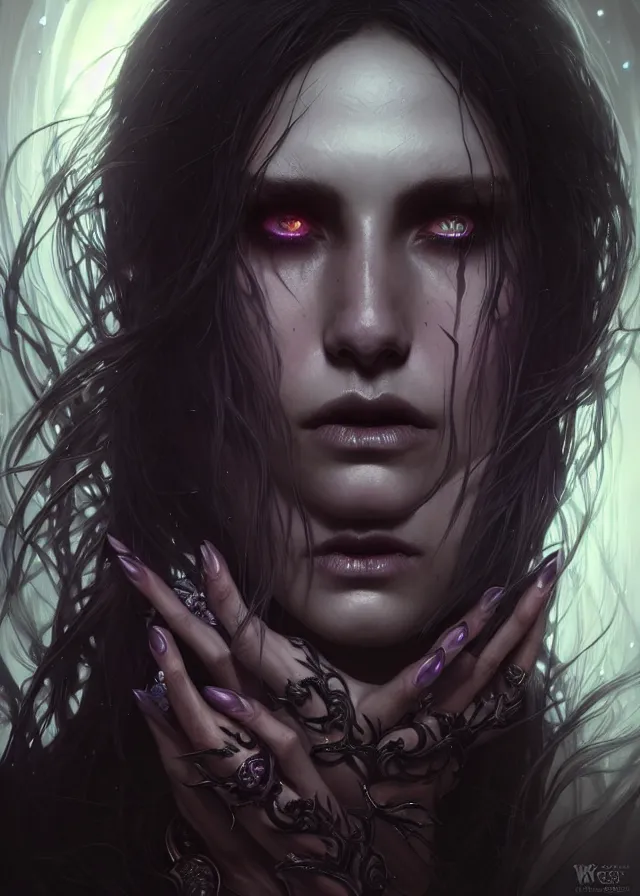 Image similar to Necromancer Sorceress face close-up macro in center, fantasy magic, undercut hairstyle, dark light night, intricate, elegant, sharp focus, illustration, highly detailed, digital painting, concept art, matte, art by WLOP and Artgerm and Greg Rutkowski and Alphonse Mucha, masterpiece