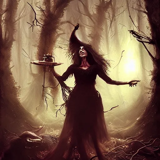 Image similar to witch performing a ritual in a dark forest painted by Raymond Swanland