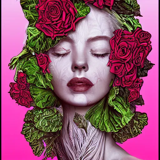 Image similar to the anatomy of a head of lettuce with roses that resembles a beautiful woman, an ultrafine detailed painting by james jean, intricate linework, bright colors, final fantasy, behance contest winner, vanitas, angular, altermodern, unreal engine