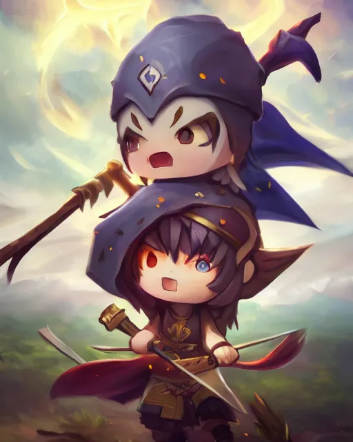 Image similar to oil painting of a cute chibi MapleStory warrior,, attacking, casting a spell with a spear, wearing a MapleStory warrior outfit, sharp focus, fantasy style, octane render, volumetric lighting, 8k high definition, by greg rutkowski, highly detailed, trending on artstation, magic the gathering artwork, Perion background from MapleStory, centered