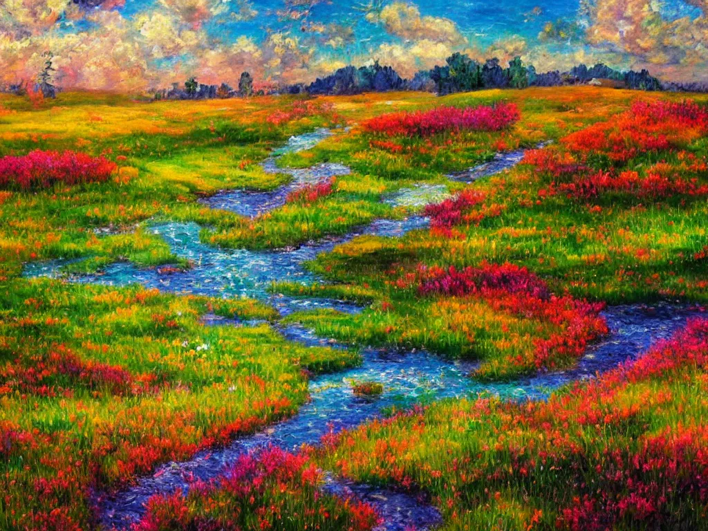 Image similar to an impressionist painting of a gorgeous meadow filled with colorful mushrooms with a stream flowing through it, psychedelic colors, colorful sky in background, high detail, trending on artstation