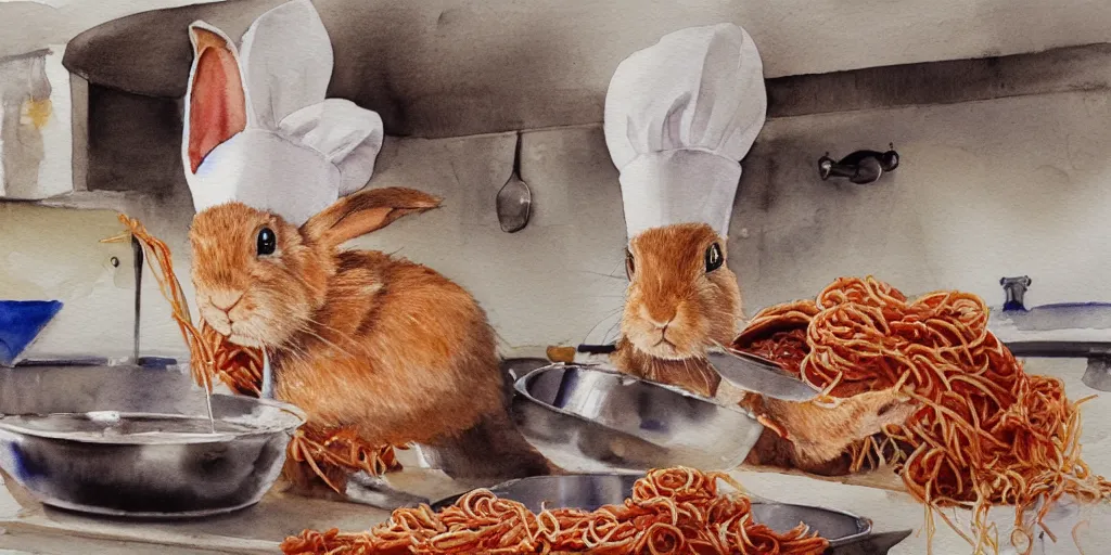 Image similar to a rabbit dressed as a chef cooks spaghetti bolognese in a french kitchen, watercolour