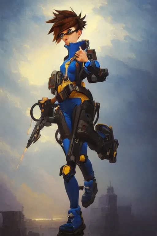 Image similar to oil painting of tracer overwatch in a dystopian city wearing blue uniform, in style of ivan aivazovsky, expressive face, detailed face, detailed eyes, full body, feminine face, tracer overwatch,