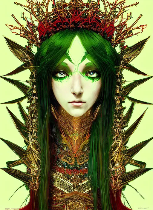 Prompt: a painting of a beautiful cyberpunk elven queen with long red hair, wearing green, red and gold ornate dress, golden intricate crown. detailed symmetrical full body portrait, intricate complexity, concept art, by takato yamamoto, makoto shinkai. cinematic dramatic atmosphere, sharp focus