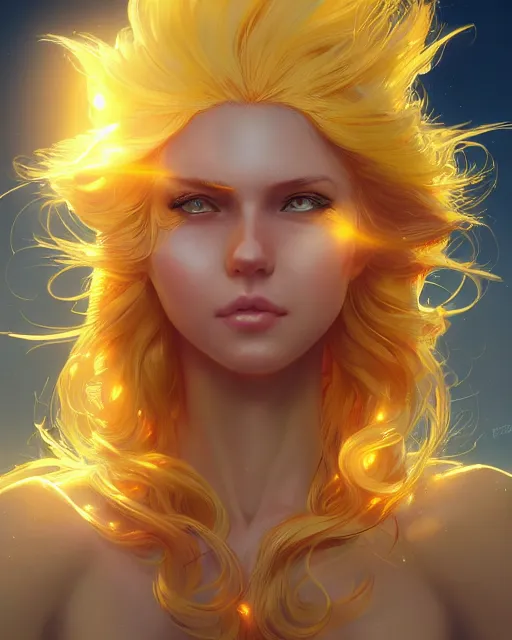 Image similar to a beautiful sun goddess, flowy yellow golden hair, golden eyes, sun, summer, cinematic lighting, highly detailed, digital painting, trending on artstation, pixiv, concept art, sharp focus, illustration, art by ross tran and wlop