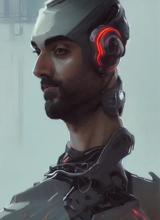 Image similar to a full body portrait oil painting illustration of rahul kohli by justin sweet and greg rutkowski and alphonse mucha with face and body clearly visible, techwear, futuristic, cyberpunk, artstation trending, high quality, sombre mood, artstation trending, abstract colours, no crop, entire character!,