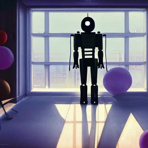 Image similar to digital painting of a ninja robot in a room full of birthday baloons , concept art, by Ralph mcquarrie, sunlight pouring through window, huge scale, high detail, futuristic, godrays, volumetric lighting, warm lighting