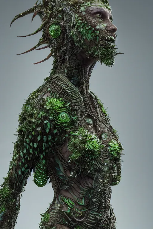 Image similar to skin concept costume, in full growth, biopunk, plant predator, predator, trypophobia, plants and worms, many details, crystals, guyver style, 3 d, cinematic, hyper realism, high detail, octane render, art by hans giger