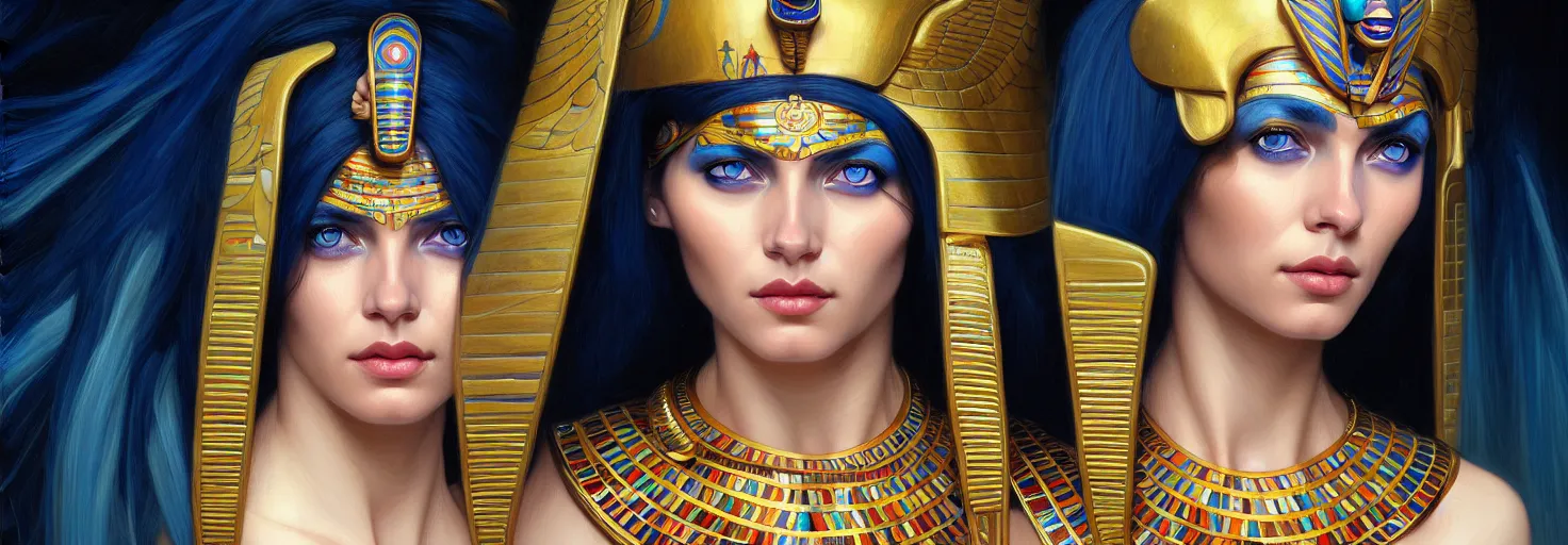 Image similar to astral egyptian woman portrait, blue eyes, face, cleopatra hair, astral, intricate, elegant, highly detailed, digital painting, artstation, concept art, smooth, sharp focus, illustration, art by artgerm and greg rutkowski and alphonse mucha