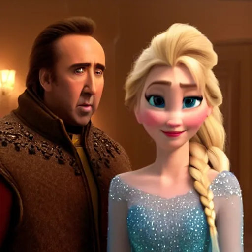 Image similar to Nicolas Cage playing Elsa in Frozen (2013), film still, photo