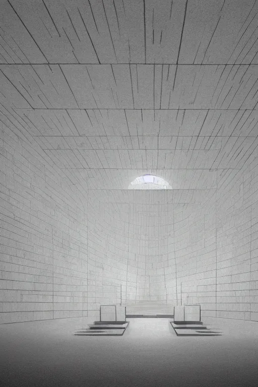 Prompt: Artwork by Tadao Ando of the cinematic view of the Temple of Infernal Writings.
