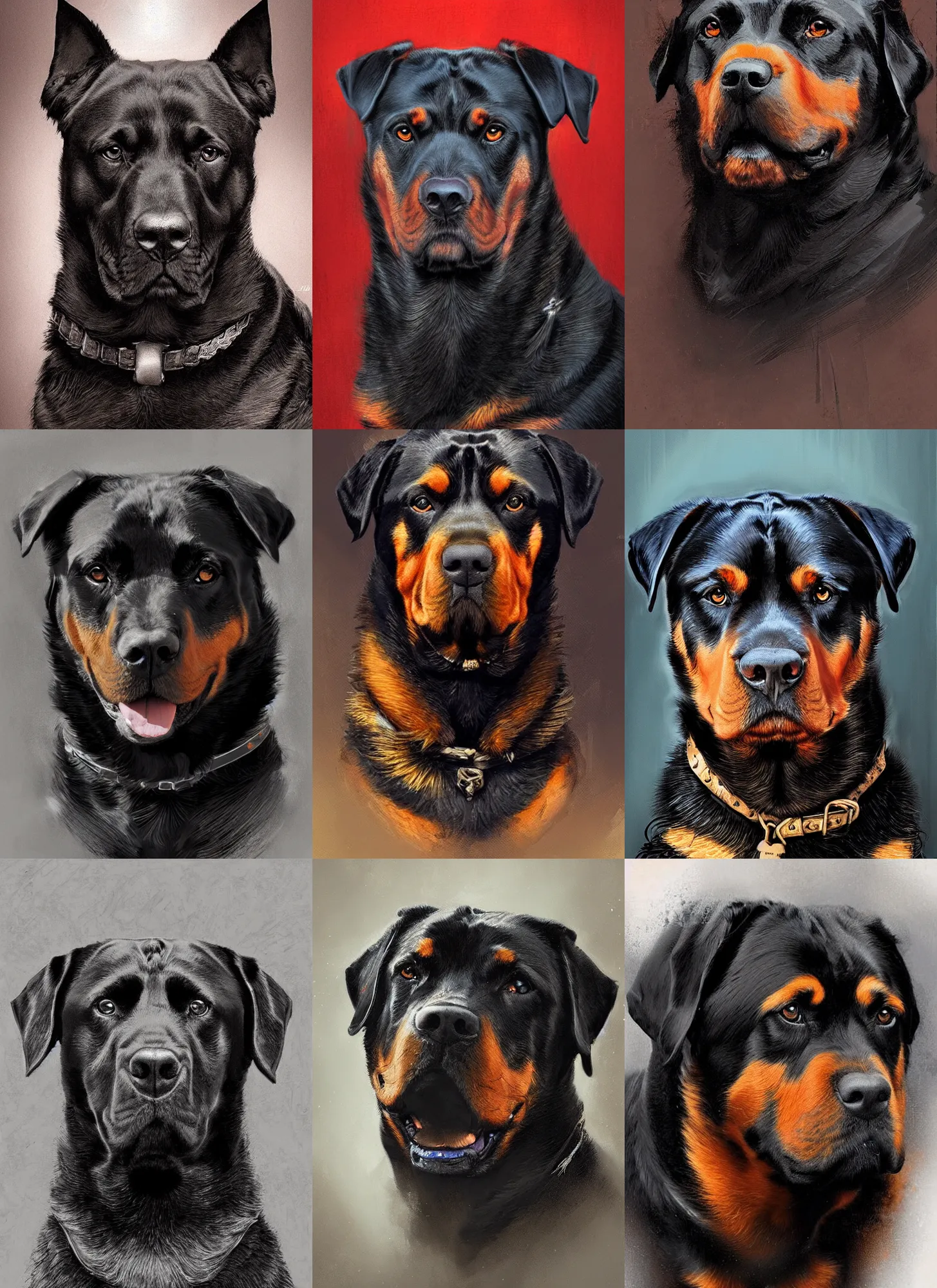 Prompt: portrait of noble rottweiler. digital art by jeff easley, anna dittmann, jeremy mann, intricately detailed, in the style of romanticism, artstation