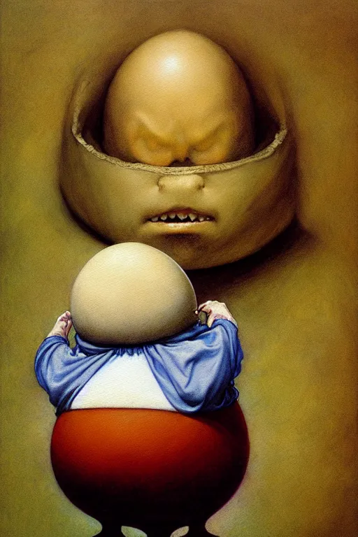 Prompt: brian froud, painting of humpty dumpty