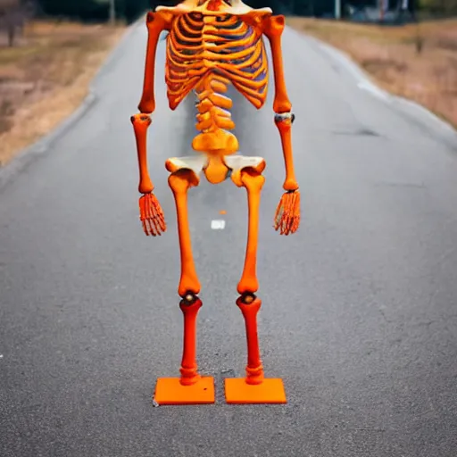 Prompt: a skeleton. his hands looks like traffic - cones. full body photography.