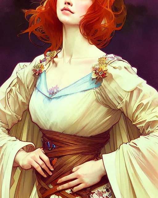 Image similar to a cool ginger girl. she is dressed as a princess. clean elegant painting, beautiful detailed face. by artgerm and greg rutkowski and alphonse mucha