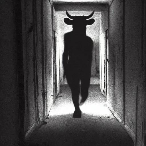 Image similar to hi - 8 night vision camera footage of a barely visible, bipedal minotaur with shrouded in darkness at the end of an extremely dark hallway in an abandoned house