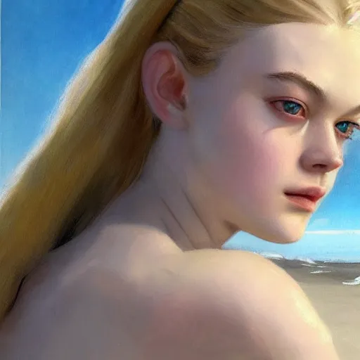 Image similar to ultra realistic portrait painting of elle fanning at the beach in the world of metal gear solid and death stranding, art by frank frazetta, 4 k, ultra realistic, highly detailed, epic lighting