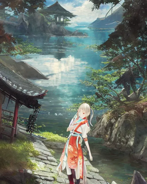 Image similar to an anime landscape of a girl wearing a kimono, near the river in a japanese summer festival from skyrim, by stanley artgerm lau, wlop, rossdraws, james jean, andrei riabovitchev, marc simonetti, and sakimichan, trending on artstation