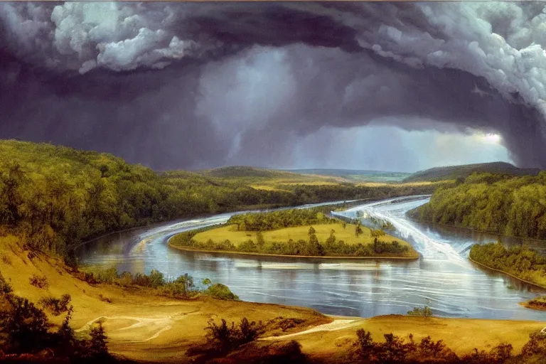 Prompt: two rivers converge to form one larger river, appalachian mixed mesophytic forest, roiling thunderstorm sky background, by Cortes Thurman the greatest Barbizon artist ever known and by Joe Jusko, rendered in hyperdetailed Ultra HD, trending on ArtStation, luminous