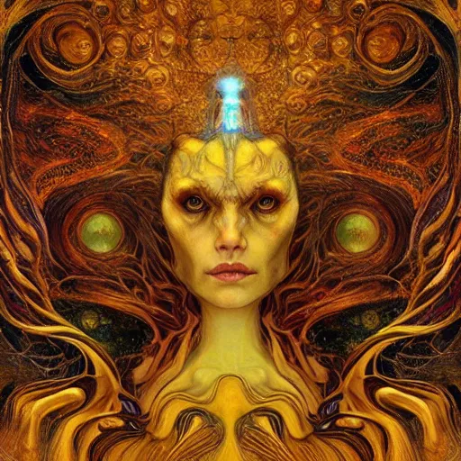 Image similar to Visions of Hell by Karol Bak, Jean Deville, Gustav Klimt, and Vincent Van Gogh, visionary, otherworldly, fractal structures, ornate gilded medieval icon, third eye, spirals