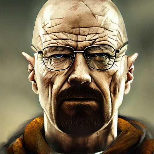 Image similar to Walter White as a Zombie, undead, portrait, fantasy, medieval, vivid colors, elegant, concept art, sharp focus, beautiful face, digital art, Hyper-realistic, 4K, Unreal Engine, Highly Detailed, HD, Dramatic Lighting by Brom, trending on Artstation