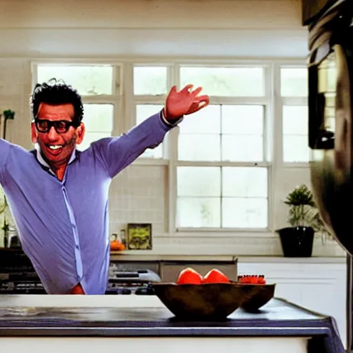 Image similar to jeff goldblum bouncing upside down in his kitchen