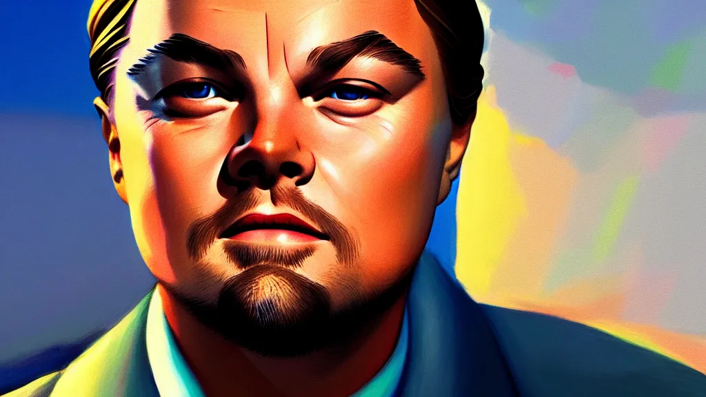 Image similar to beautiful illustration of a Leonard DiCaprio by Edward Hopper, clean lines, very detailed, colorful octane render