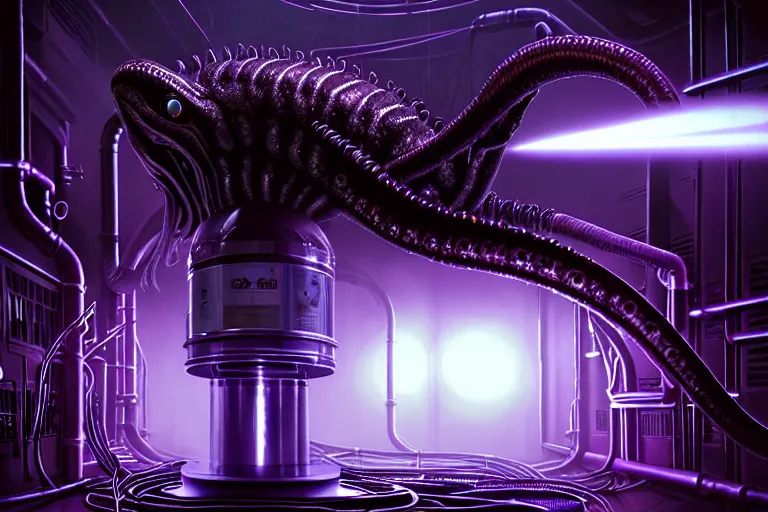 Prompt: 7 0 mm portrait of a wet black metallic chrome mass effect robotic cthulhu lovecraft octopus xenomorph alien in a science fiction steampunk tesla coil hyper dimensional fusion generator engine room, pipes, wires, dramatic lighting, octane, purple lights, lens flare, industrial, dirty, trending on artstation, golden ratio, mist, action, volumetric lighting