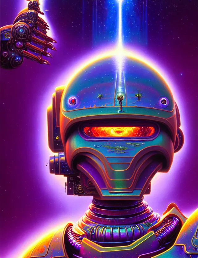 Prompt: holy saint aura battle robot award winning close - up portrait huge eyes symmetry faded tetrachromacy colors trippy background tim hildebrandt wayne barlowe bruce pennington donato giancola larry elmore masterpiece trending on artstation cinematic composition beautiful lighting hyper detailed!!! 8 k oil on canvas