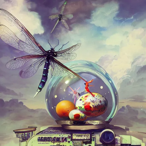 Image similar to surreal gouache painting, by yoshitaka amano, by ruan jia, by Conrad roset, by good smile company, detailed anime 3d render of transparent resin egg with a magical dragonfly inside. Surrounded by a big DJ Mixer, deck, portrait, cgsociety, artstation, rococo mechanical and Digital and electronic, dieselpunk atmosphere