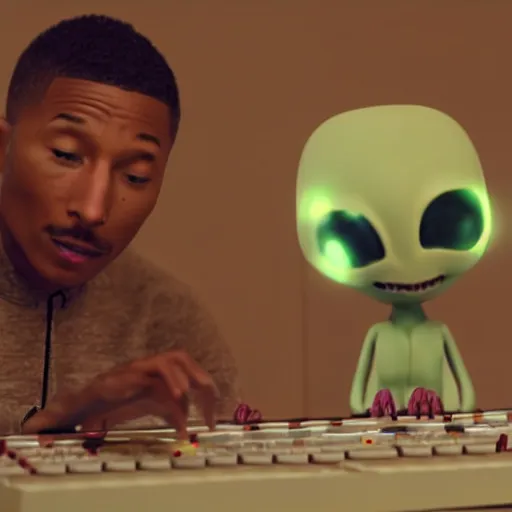 Image similar to cinematic film still of Pharrell Williams Making A Beat with an anthropomorphic alien, Japanese VFX, 2018, 400mm lens, f1.8, shallow depth of field,film photography