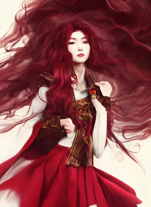 Image similar to a highly detailed illustration of beautiful long dark red haired japanese woman wearing wine red epaulette uniform and coat cape, dramatic wielding strings pose, intricate, elegant, highly detailed, centered, digital painting, artstation, concept art, smooth, sharp focus, league of legends concept art, wlop