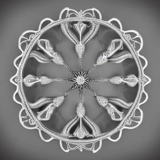 Image similar to filigree nordic jewelry isolated on white background and a flower in the background, refraction, occlusion, keyshot render, octane render, vray render