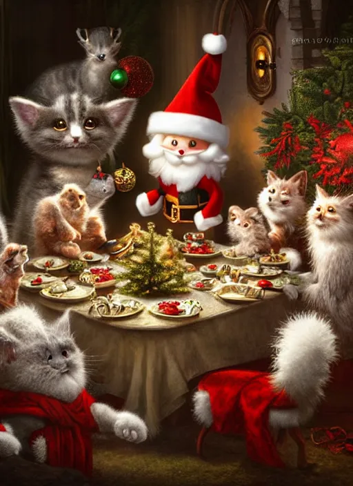 Prompt: highly detailed group closeup portrait of cute fluffy animals having a christmas party banquet in a castle, unreal engine, nicoletta ceccoli, mark ryden, earl norem, lostfish, global illumination, god rays, detailed and intricate environment