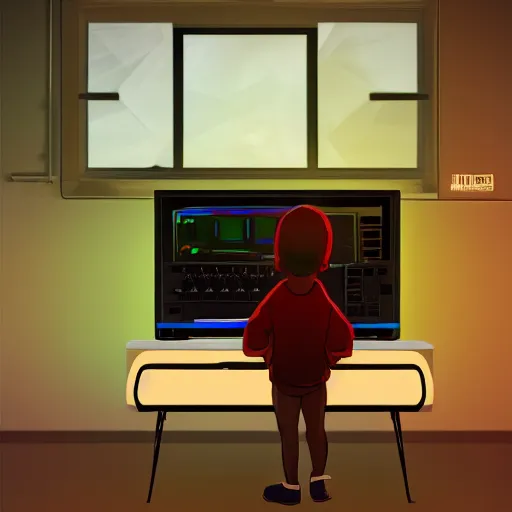 Prompt: kid looking at you standing next to an old computer monitor, trending on artstation