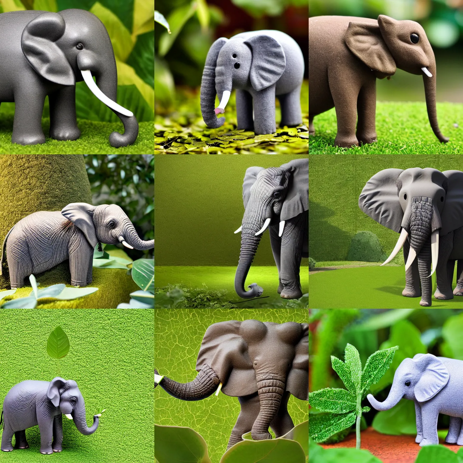 Prompt: A miniaturized Elephant standing under a leaf, in a garden