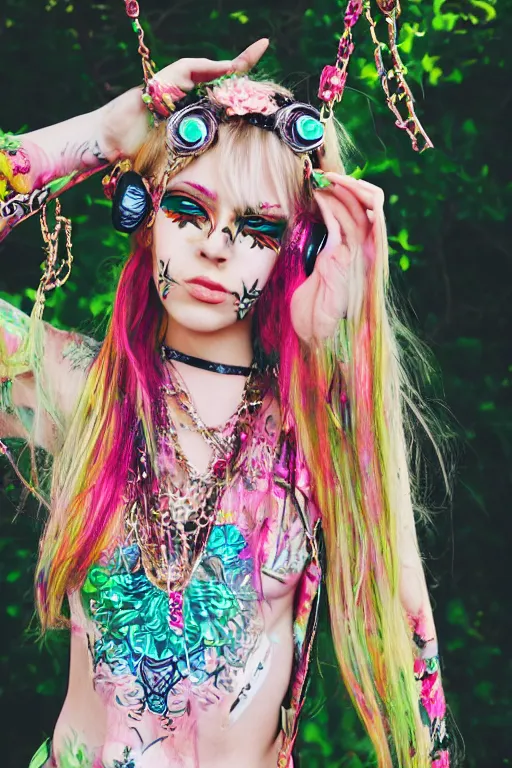 Prompt: floral patterned bohemian boho soft grunge tumblr jet set radio 90s cyber fashion teen outfit, music festival geometric face makeup, fantasy mystical zine photography, full body shot layered clothes, surrounded by mythical beast creatures fashion photograph of a cute girl with medium blonde hair, hanging chain face jewelry and geometric floral festival face paint