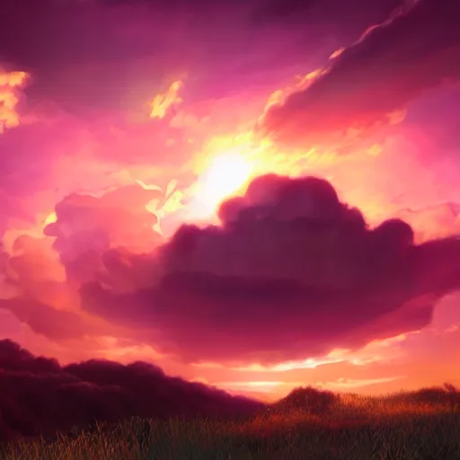 Image similar to peaceful puffy cloud with sunset in the background, matte painting, trending on artstation, artstationHQ, unreal engine, 4k, 8k, anime style