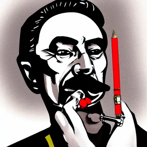 Image similar to cyberpunk joseph stalin smoking a pipe as the leader of a futuristic communist society, cybernetics, sharp lines, digital, artstation, colored in